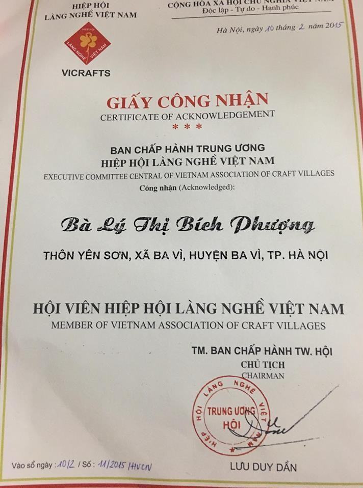 Chứng nhận của Hiệp Hội Làng Nghề Việt Nam