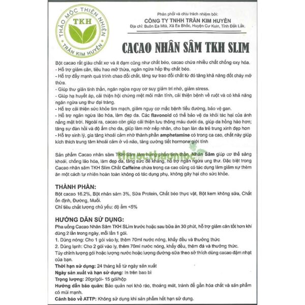 Bột Cacao nhân sâm TKH Slim – Giúp giảm cân an toàn, hiệu quả